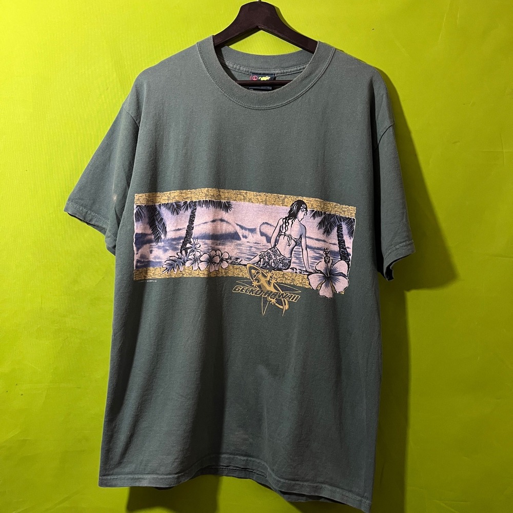 Vintage Gecko Hawaii Graphic T-Shirt Green 90s Large Surf Hula Girl Beach Retro